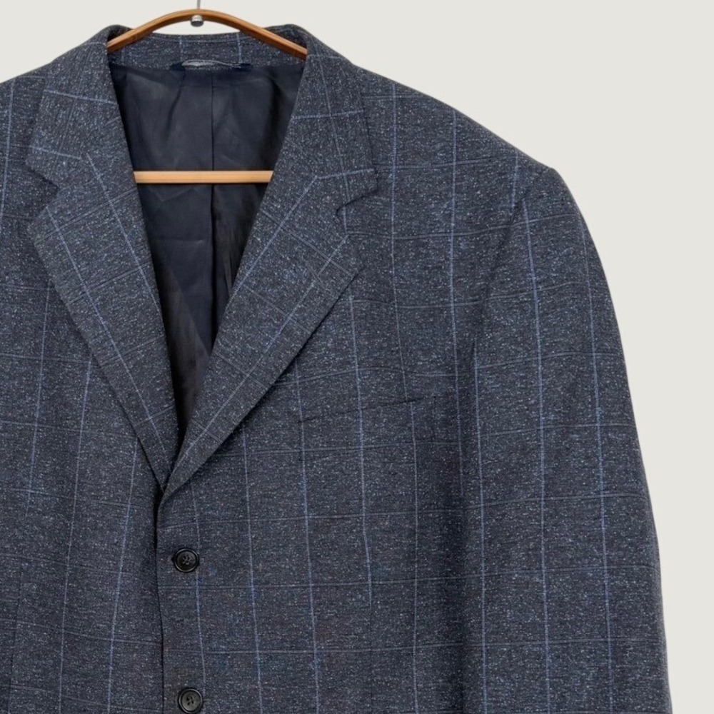 READ Paul Fredrick Mens Blazer Grey Blue Windowpane Plaid Sport Coat Silk Wool